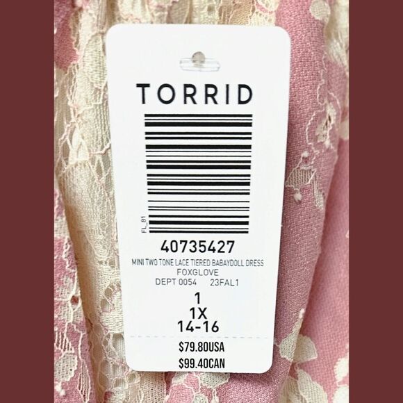 TORRID Foxglove Pink Mini two toned, lace floral, tierd babydoll dress. 1X - Picture 15 of 16